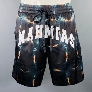 NAHMIAS Size L Black White Tie Dye Logo Silk Blend Joggers Shorts